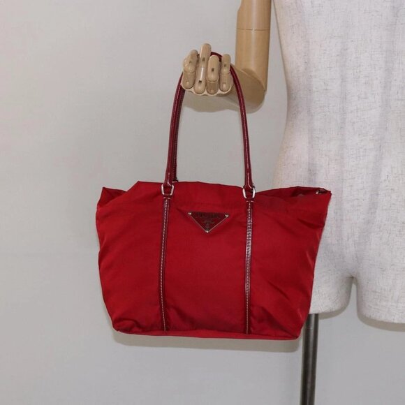 PRADA Tote Bag Nylon Red Silver Auth 138844 - Picture 1 of 16